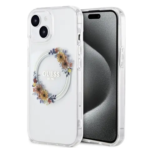 Guess PC/TPU Flowers Ring Glossy Logo MagSafe Zadní Kryt pro Apple iPhone 15 Plus čirá
