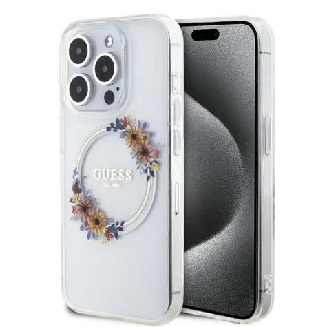 Guess PC/TPU Flowers Ring Glossy Logo MagSafe Zadní Kryt pro Apple iPhone 15 Pro čirá