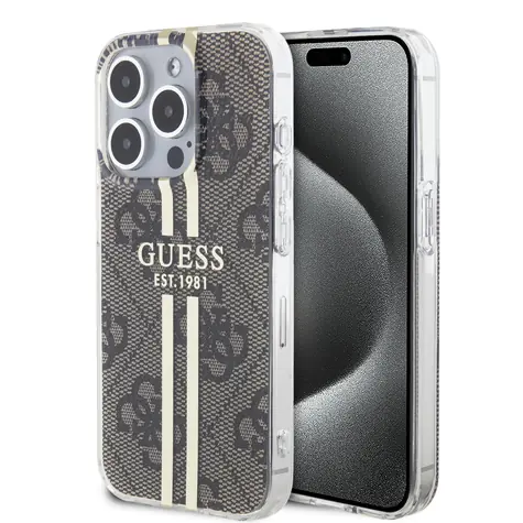 Guess IML 4G Gold Stripe Zadní Kryt pro Apple iPhone 15 Pro hnědá