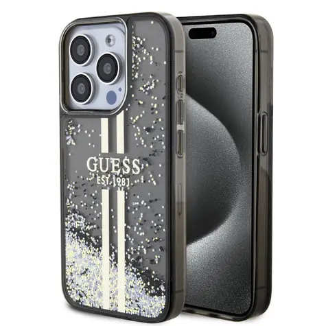 Guess PC/TPU Liquid Glitter Gold Stripe Zadní Kryt pro Apple iPhone 15 Pro černá