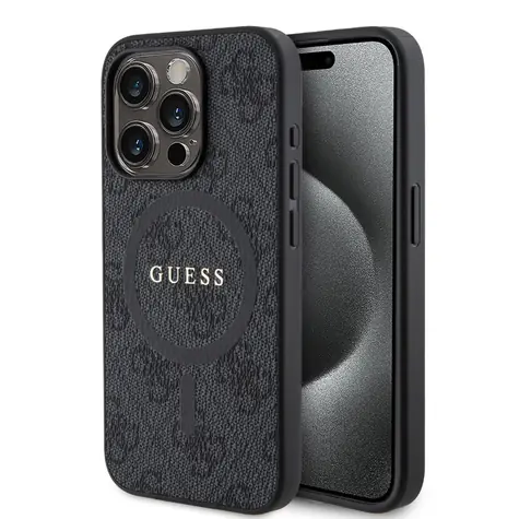 Guess PU Leather 4G Colored Ring MagSafe Zadní Kryt pro Apple iPhone 15 Pro černá