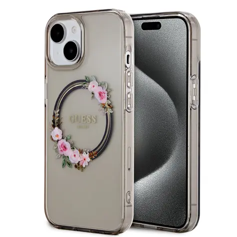 Guess PC/TPU Flowers Ring Glossy Logo MagSafe Zadní Kryt pro Apple iPhone 15 černá 