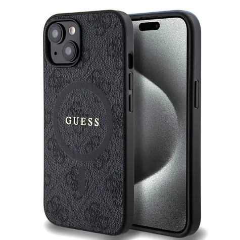 Guess PU Leather 4G Colored Ring MagSafe Zadní Kryt pro Apple iPhone 15 černá