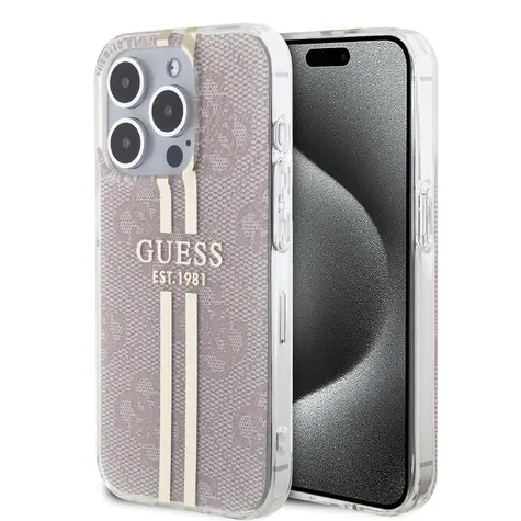 Guess IML 4G Gold Stripe Zadní Kryt pro Apple iPhone 15 Pro růžová