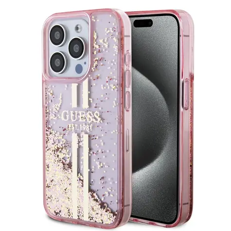 Guess PC/TPU Liquid Glitter Gold Stripe Zadní Kryt pro Apple iPhone 15 Pro růžová