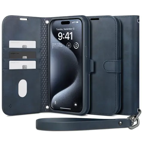 Spigen Wallet S Pro Pouzdro typu peněženka pro Apple iPhone 15 Pro modrá