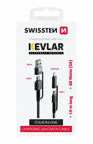 SWISSTEN KEVLAR datový kabel 4v1 USB-C (M) - USB-A (M) - Lightning (M) 1.5m černá / 60W / 3A 