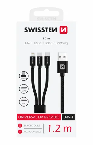 SWISSTEN TEXTILE datový kabel 3v1 2x USB-C (M) - Lightning (M) - USB-A (M) 1.2m černá / 60W / 3A