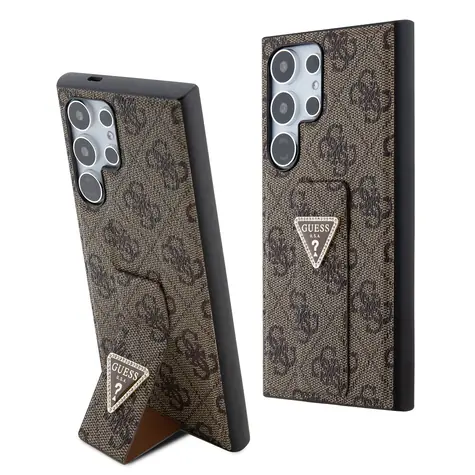 Guess PU Grip Stand 4G Strass Triangle Metal Logo Zadní Kryt pro Samsung Galaxy S24 Ultra hnědá