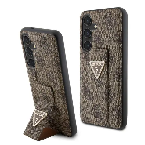 Guess PU Grip Stand 4G Strass Triangle Metal Logo Zadní Kryt pro Samsung Galaxy S24 hnědá
