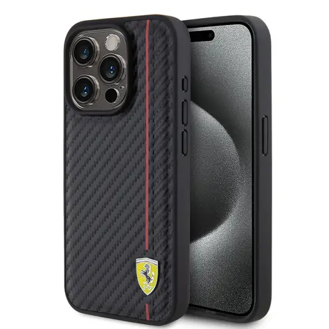 Ferrari PU Leather Carbon Vertical červená Line Zadní Kryt pro Apple iPhone 15 Pro černá