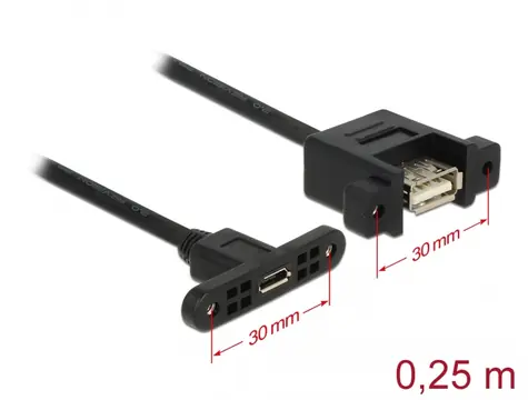 DeLock Kabel USB 2.0 A (F) - USB 2.0 Micro-B (F) panel-mount 0.25m černá