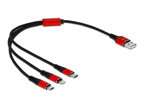 DeLock Napájecí kabel USB-A 2.0 (M) - USB Micro-B (M) & USB-C (M) & Lightning (M) 30cm černá