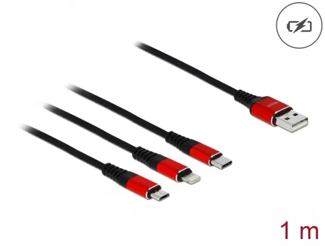 DeLock Napájecí kabel USB 2.0 A (M) - USB Micro-B (M) & USB-C (M) & Lightning (M) 1m červená