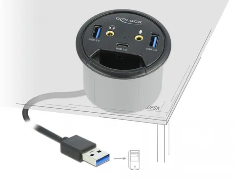 DeLock Stolní USB Hub USB 3.2 A (M) - 1x USB 3.2 C & 2x USB 3.2 A & 2x 3.5mm jack šedá