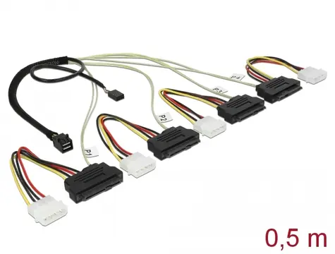 DeLock Kabel miniSAS HD SFF-8643 (M) - 4x SAS SFF-8482 (F) & 4x Molex (M) 0.5m 