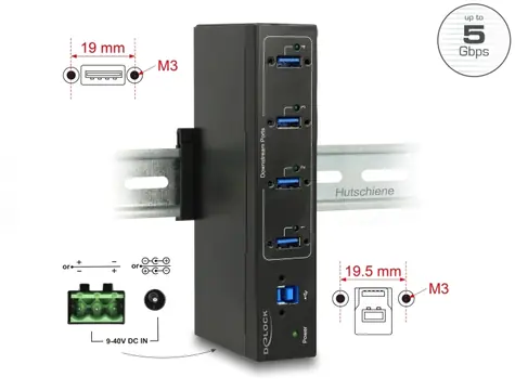 DeLock Externí průmyslový hub 1x USB 3.0 B (F) - 4x USB 3.0 A (F) černá