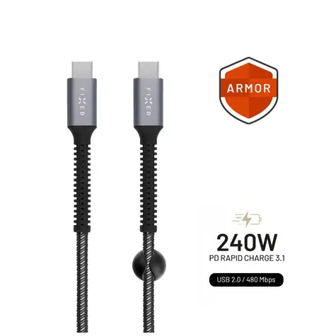 FIXED Armor Nabíjecí a datový odolný kabel s konektory USB-C/USB-C a podporou PD 1.2 m šedý / USB 2.0 / 240W 
