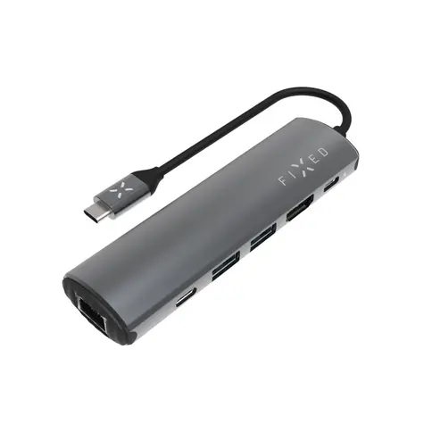 FIXED 6-portový hliníkový USB-C HUB Pro pro notebooky a tablety šedá / 2x USB / 2x USB-C / RJ45 / HDMI