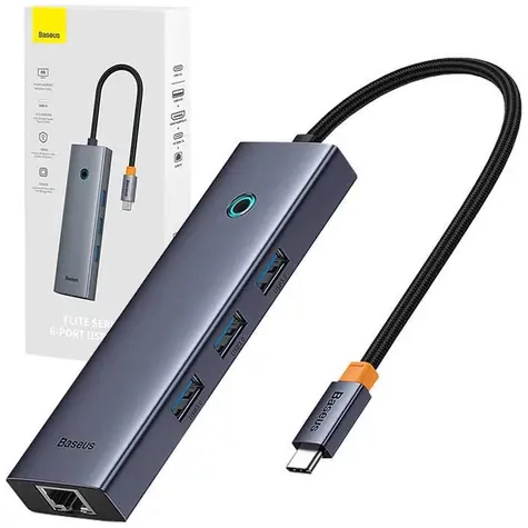 Baseus ULTRA JOY USB 6V1 Dokovací stanice šedá / 3x USB 3.0 / USB-C PD / HDMI / LAN