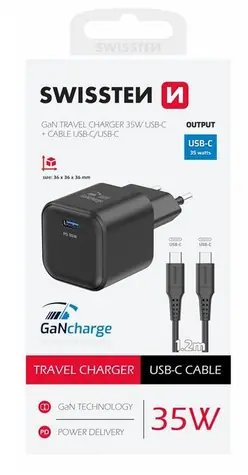 SWISSTEN síťový adaptér GaN USB-C + datový kabel USB-C - USB-C 1.2m černá / 35W / PD