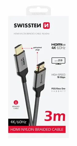 SWISSTEN Kabel HDMI 2.0 (M) - HDMI 2.0 (M) 3m černá / 18 Gbps / 4K / 60Hz / zlacené kontakty