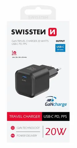 SWISSTEN Síťový adaptér GaN USB-C 20W černá / PD