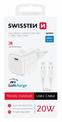 SWISSTEN Síťový adaptér GaN USB-C + datový kabel USB-C - USB-C 20W 1.2m bílá / 20W / PD