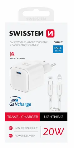 SWISSTEN Síťový adaptér GaN USB-C + datový kabel USB-C - Lightning 20W 1.2m bílá / 20W / PD
