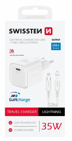 SWISSTEN Síťový adaptér GaN USB-C + datový kabel USB-C - Lightning 35W 1.2m bílá / 35W / PD