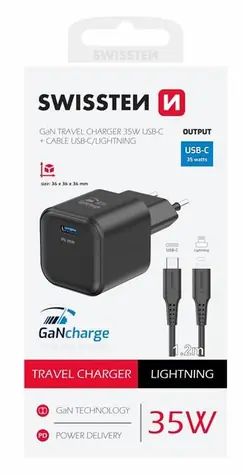 SWISSTEN Síťový adaptér GaN USB-C + datový kabel USB-C - Lightning 1.2m černá / 35W / PD
