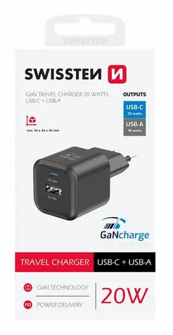 SWISSTEN Síťový adaptér GaN USB-C/USB-A černá / 20W / QC / PD
