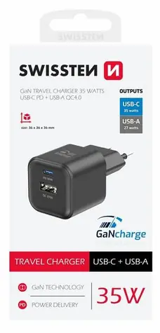 SWISSTEN Síťový adaptér GaN USB-C/USB-A černá / 35W / QC / PD