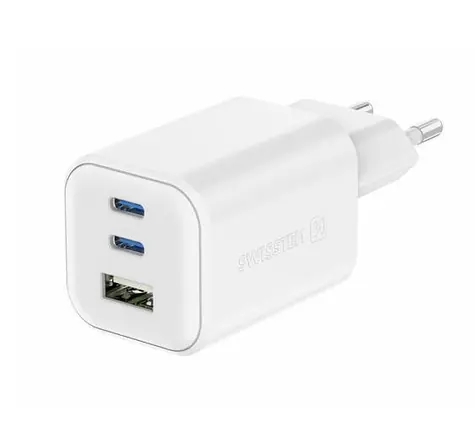 SWISSTEN Síťový adaptér GaN 2x USB-C/USB-A bílá / 65W / QC / PD