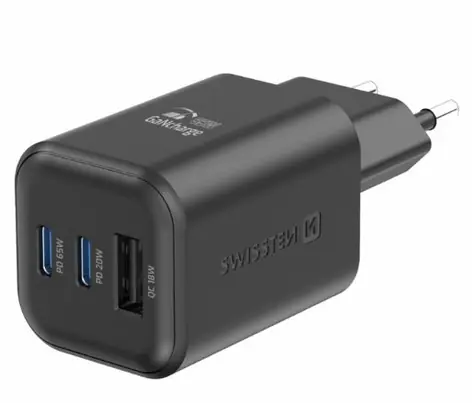 SWISSTEN Síťový adaptér GaN 2x USB-C/USB-A černá / 65W / QC / PD