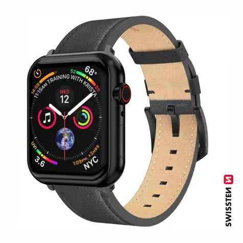 SWISSTEN Kožený řemínek pro Apple Watch 42/44/45/49mm černá / černá spona a černé poutko