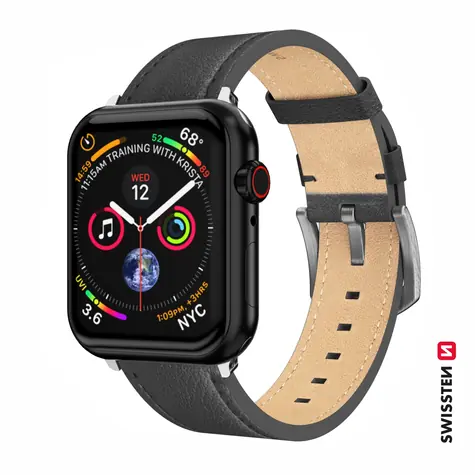 SWISSTEN Kožený řemínek pro Apple Watch 42/44/45/49mm černo-stříbrná / stříbrná spona a stříbrné poutko