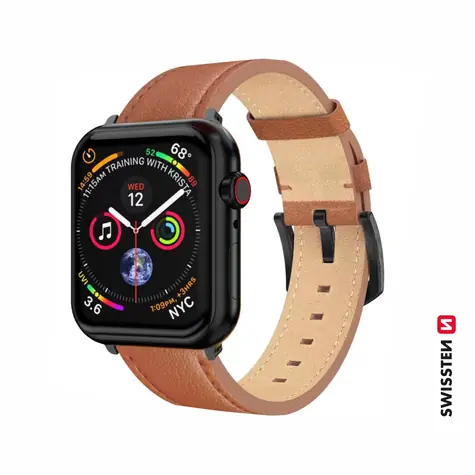 SWISSTEN Kožený řemínek pro Apple Watch 42/44/45/49mm hnědá / černá spona a černé poutko