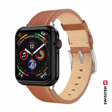 SWISSTEN Kožený řemínek pro Apple Watch 42/44/45/49mm hnědo-stříbrná / stříbrná spona a stříbrné poutko