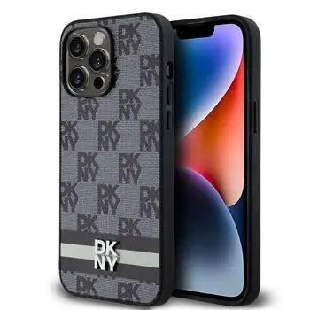 DKNY PU Leather Checkered Pattern and Stripe Zadní Kryt pro Apple iPhone 15 Pro Max černá