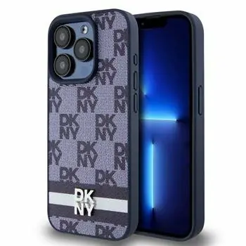 DKNY PU Leather Checkered Pattern and Stripe Zadní Kryt pro Apple iPhone 15 Pro Max modrá