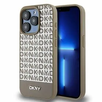 DKNY PU Leather Repeat Pattern Bottom Stripe MagSafe Zadní Kryt pro Apple iPhone 15 Pro Max hnědá