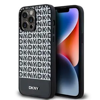 DKNY PU Leather Repeat Pattern Bottom Stripe MagSafe Zadní Kryt pro Apple iPhone 15 Pro Max černá
