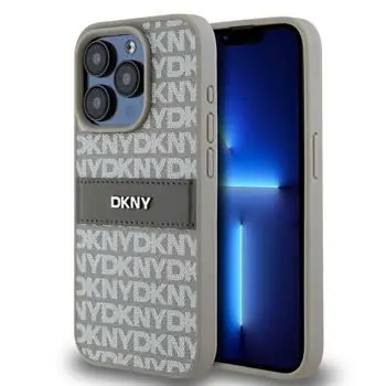DKNY PU Leather Repeat Pattern Tonal Stripe Zadní Kryt pro Apple iPhone 15 Pro béžová