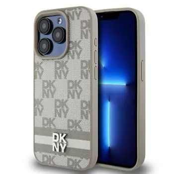 DKNY PU Leather Checkered Pattern and Stripe Zadní Kryt pro Apple iPhone 15 Pro béžová