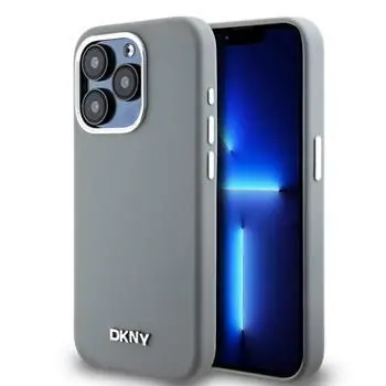 DKNY Liquid Silicone Silver Metal Logo Magsafe Zadní Kryt pro Apple iPhone 15 Pro šedá