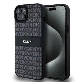 DKNY PU Leather Repeat Pattern Tonal Stripe Zadní Kryt pro Apple iPhone 15 Plus černá