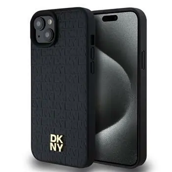 DKNY PU Leather Repeat Pattern Stack Logo Magsafe Zadní Kryt pro Apple iPhone 15 Plus černá