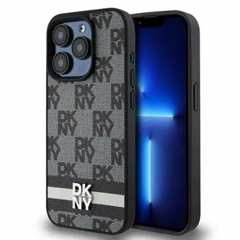 DKNY PU Leather Checkered Pattern and Stripe Zadní Kryt pro Apple iPhone 14 Pro černá