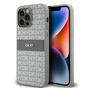 DKNY PU Leather Repeat Pattern Tonal Stripe Zadní Kryt pro Apple iPhone 14 Pro béžová